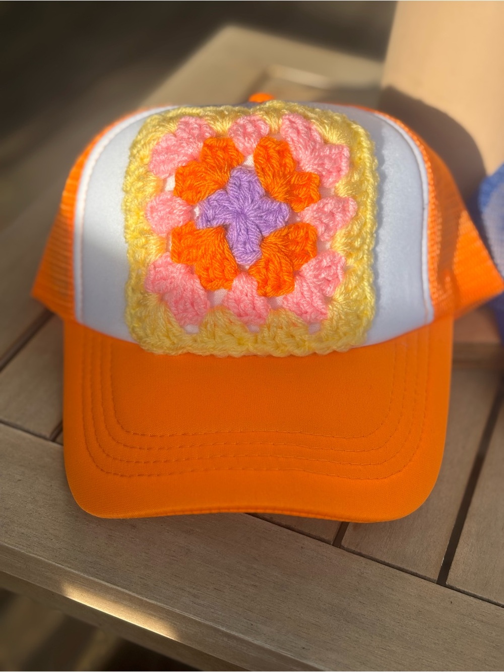 Orange Trucker Hat with Crochet Patch